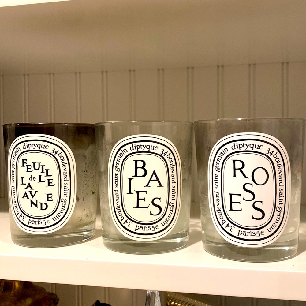 Diptyque empty candle jars (three) baies, lavender, roses